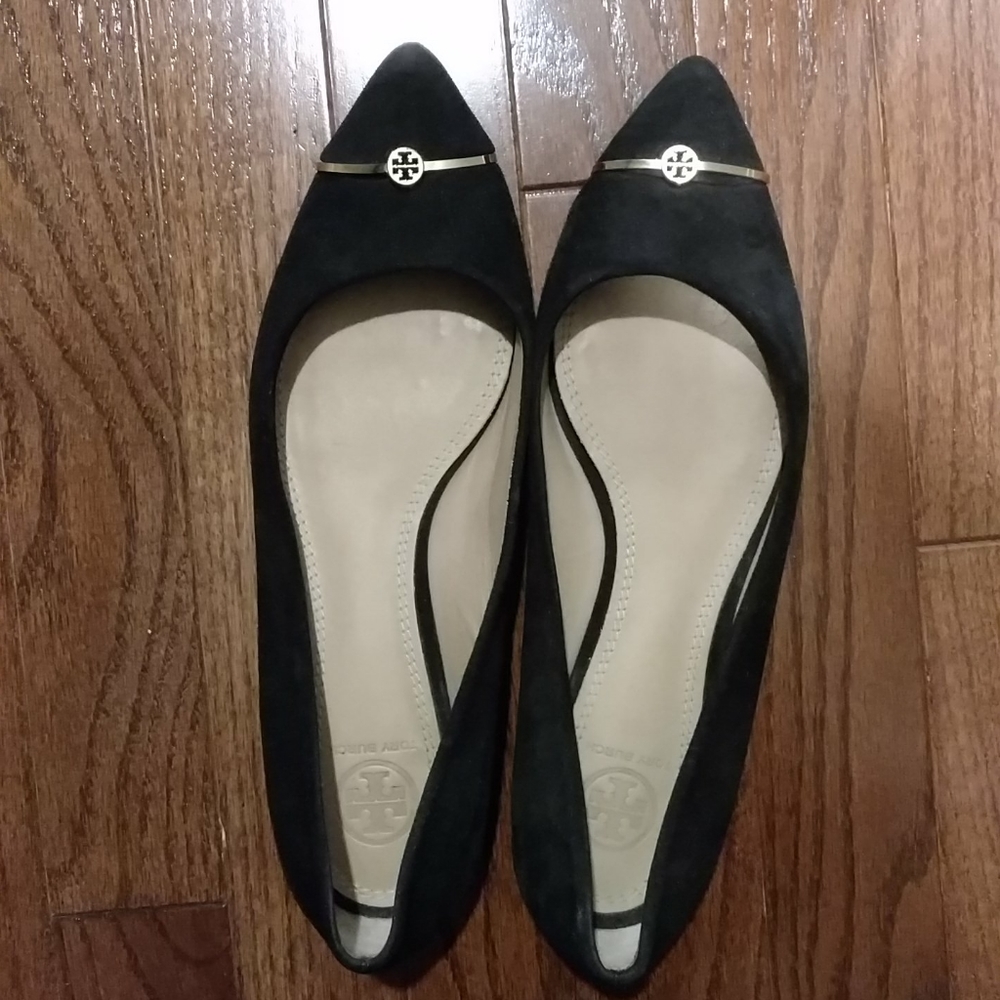 Tory Burch pointed bar black suede and gold flats